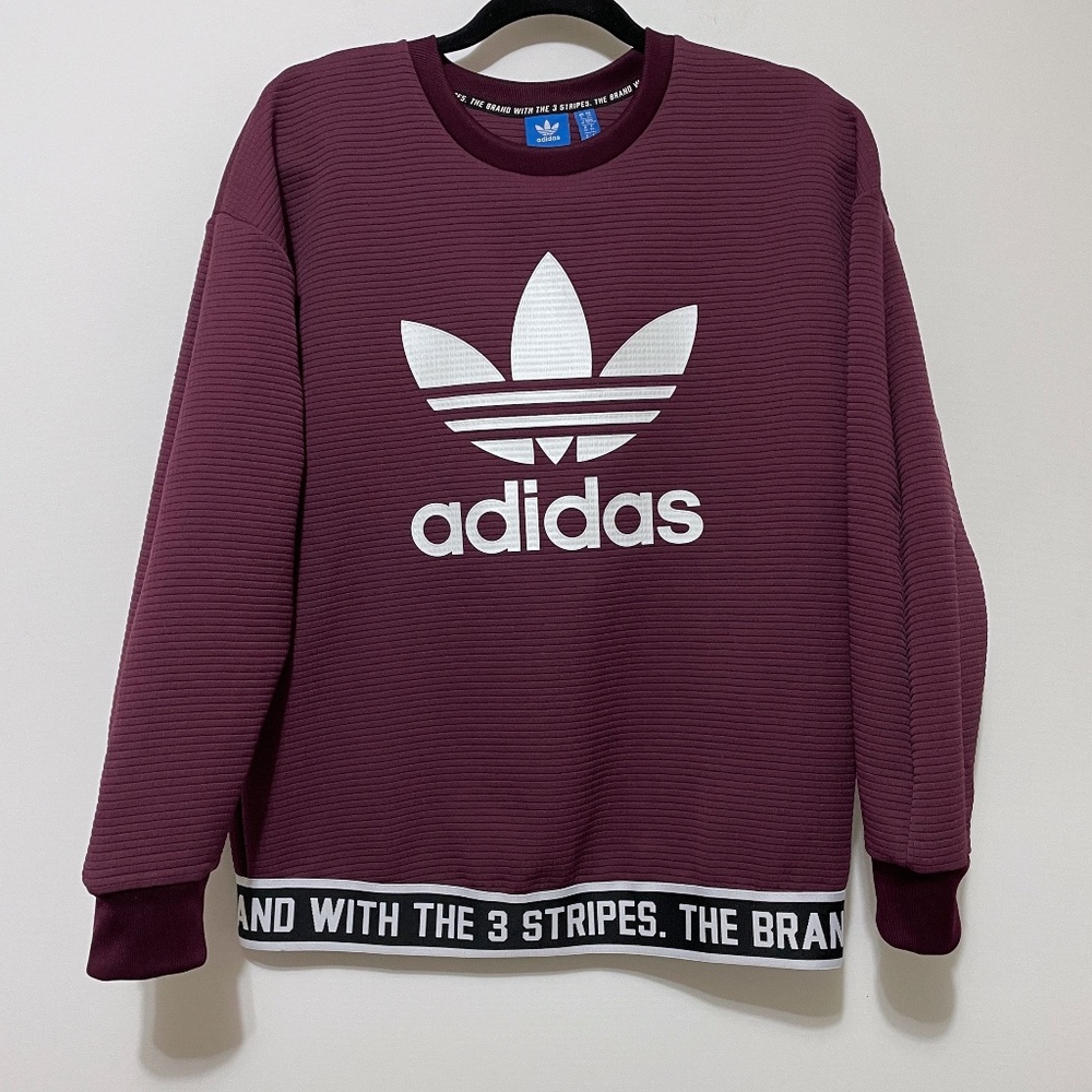 Adidas Burgundy Waffle Knit Pullover Sweatshirt Oversized Womens XS